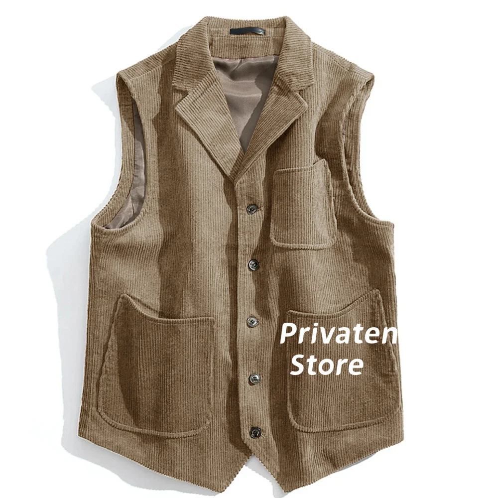 Men Vest Cotton Corduroy Light Brown Notched Lapel Solid Color With Pockets New Style Gilet For Male Clothing  жилетка