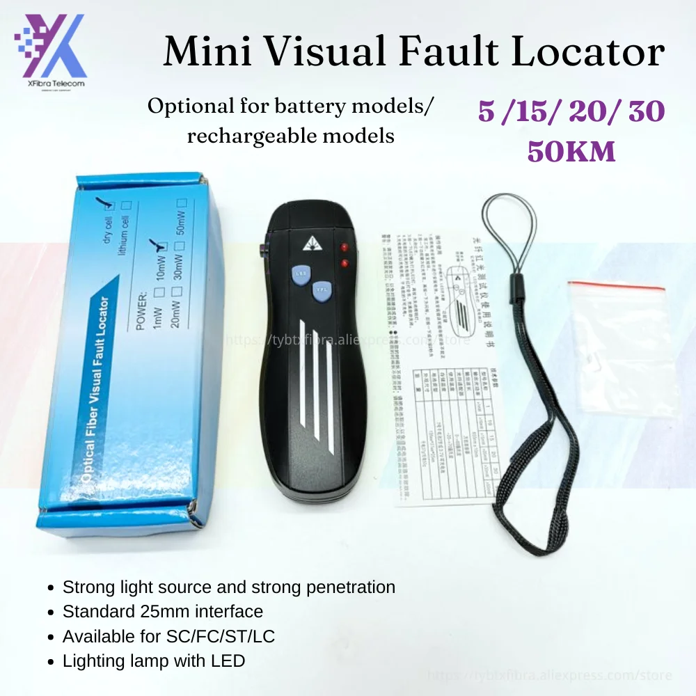 

SC/FC/ST 5/15/20/30/50KM Visual Fault Locator High Quality Rechargeable Laser Source Fiber Optic Cable Tester Lithium Battery