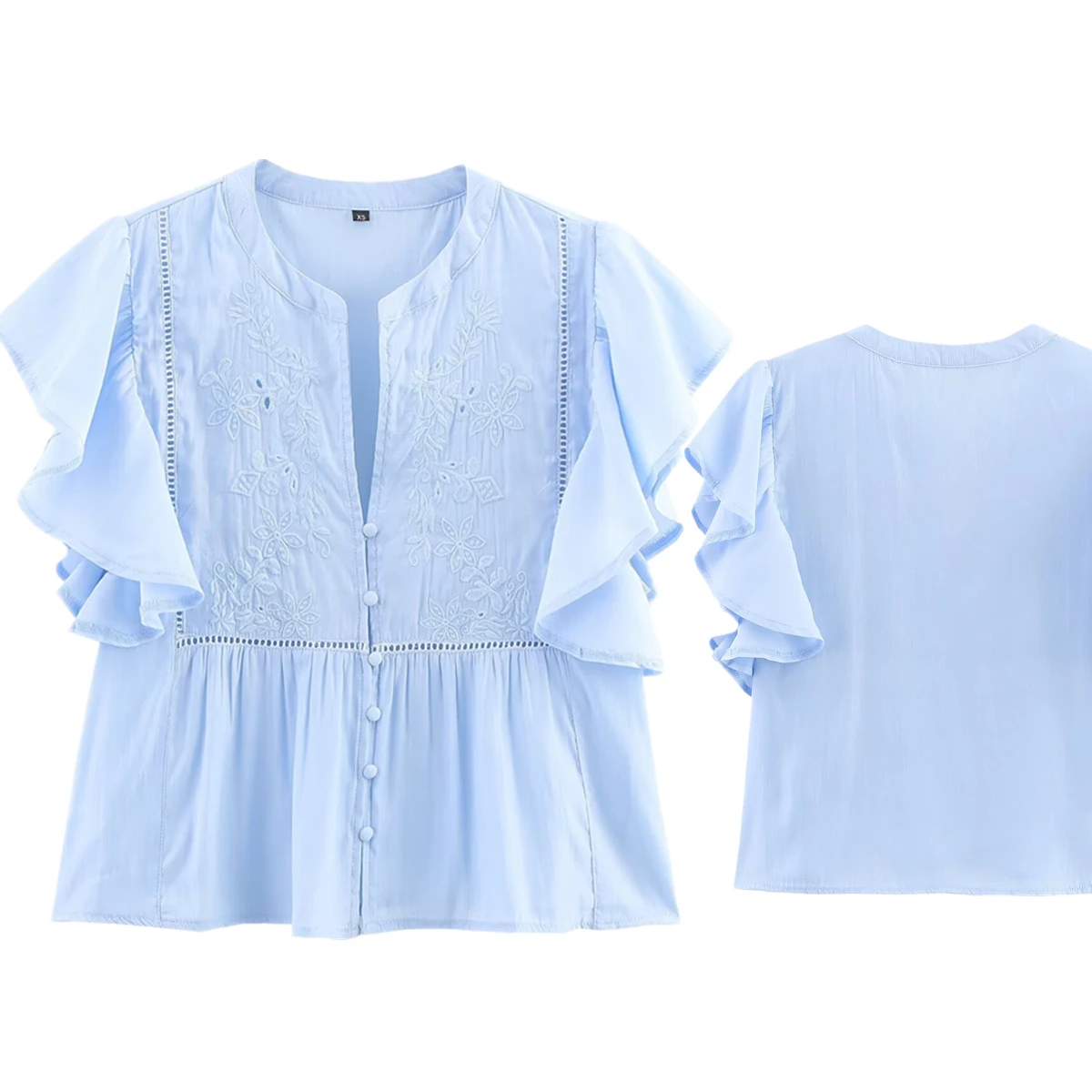 

Jenny&Dave French Country Style Embroidery Hollow Poplin Shirt Minimalist Sky Blue Eegant Layered Summer Shirt Blouse Women Tops