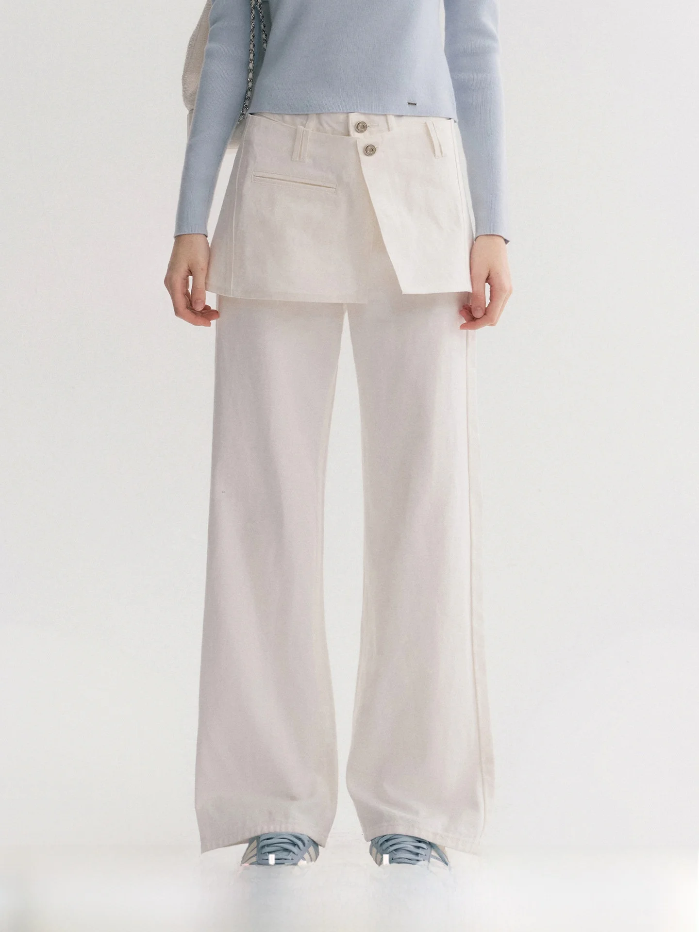 

Комплект повседневных джинсовых брюк Kroche из хлопка с отстегивающейся юбкой, прямые штанины, женские, осенняя мода, талия из ПУ-кожи