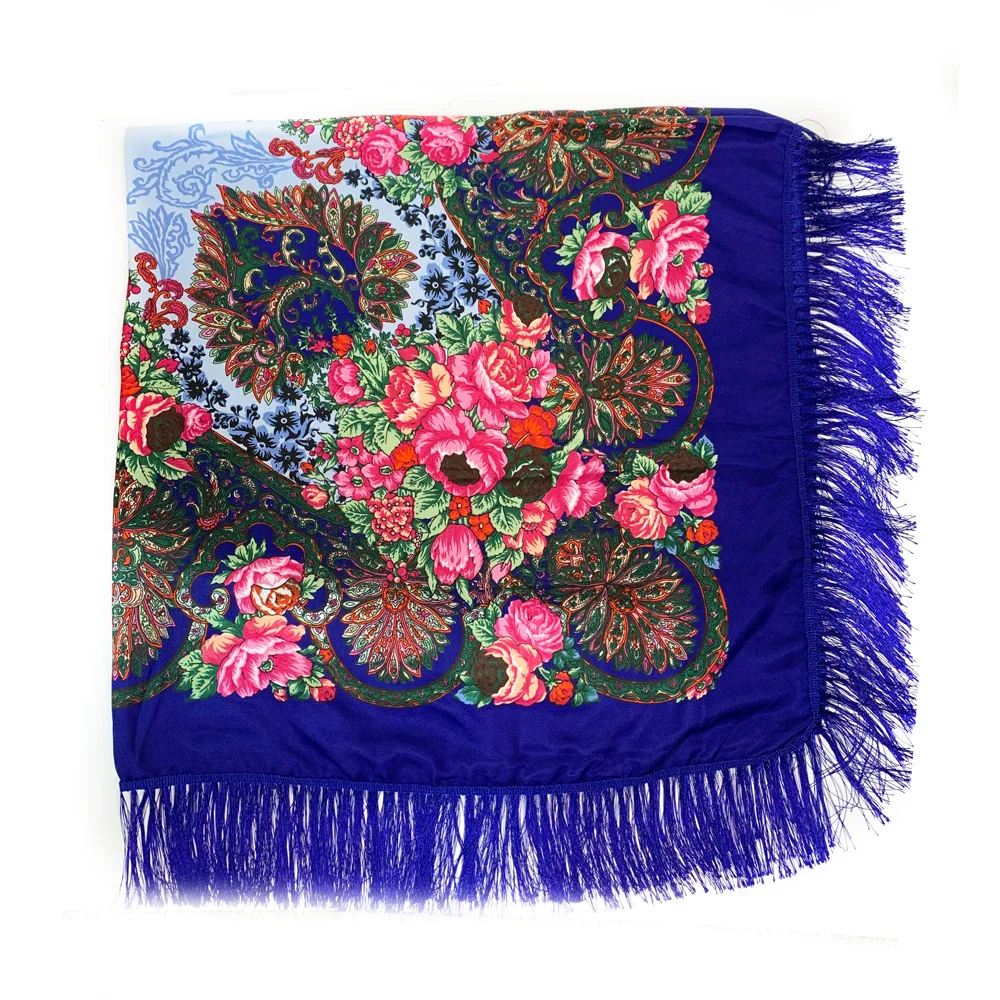 160*160cm Big Size Russian Square Scarf Luxury Floral Print Ukrainian Shawl Retro Fringed Babushka Handkerchief Head Wraps