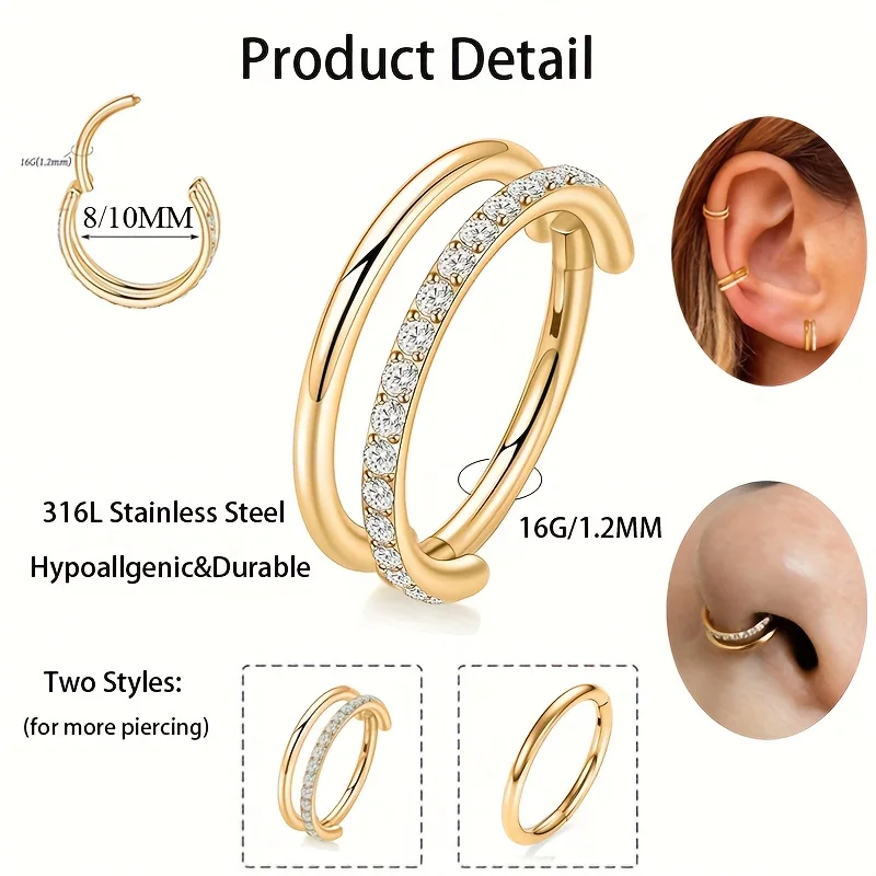 1/2pcs G23 Titanium Golden Nose Septum Ring 16G 8/10/12mm Conch Piercings CZ Double Hoop Earrings Suitable For Various Piercings