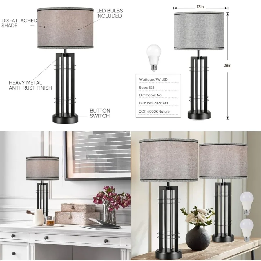

27in Tall Table Lamps for Living Room Button Control Farmhouse Rustic Table Lamps Set of 2 SideTable Lamps andGrey Bedroom Lamp