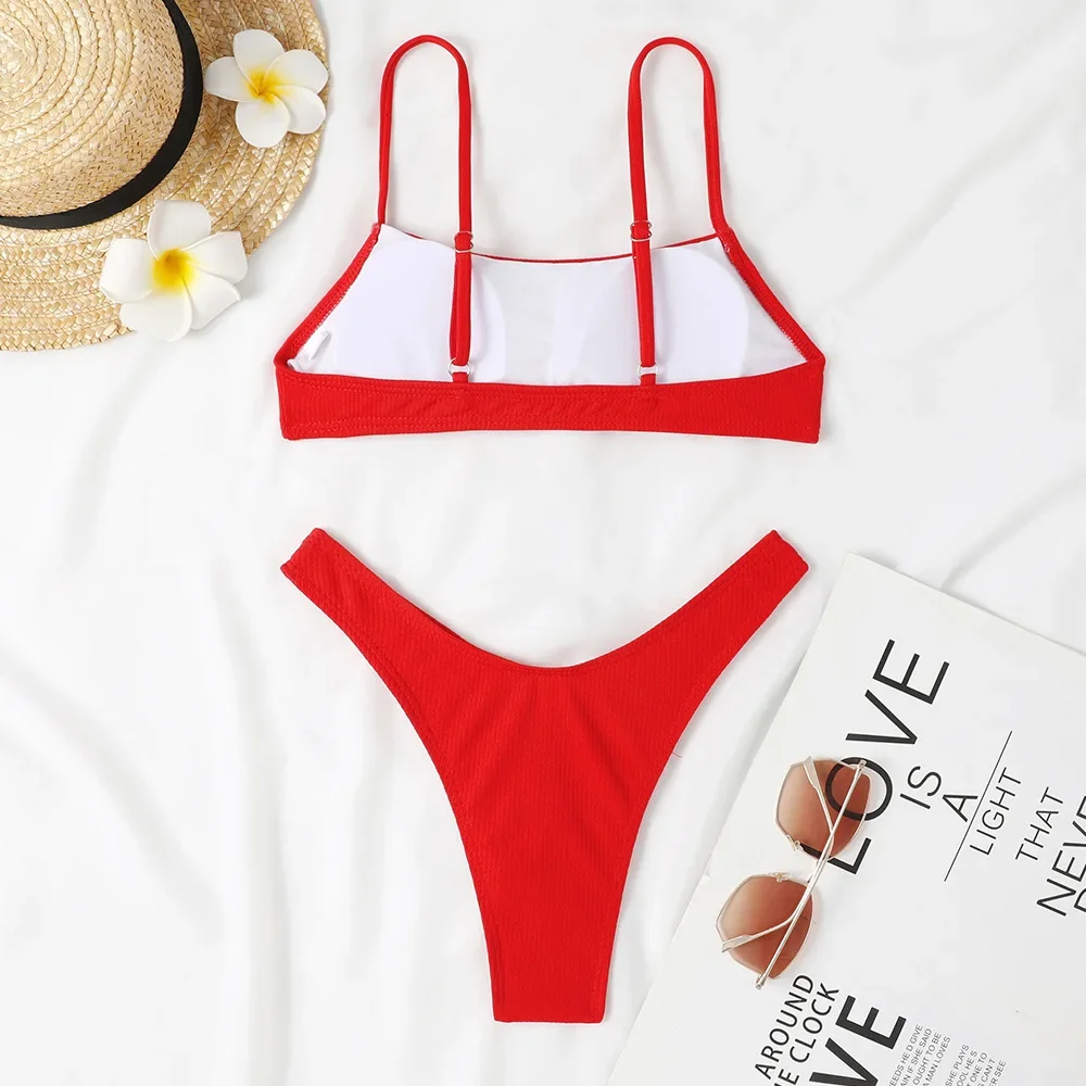 Vermelho micro biquíni 2024 biquini brasileiro com nervuras tanga maiô feminino alta corte natação maiô feminino verão beach wear