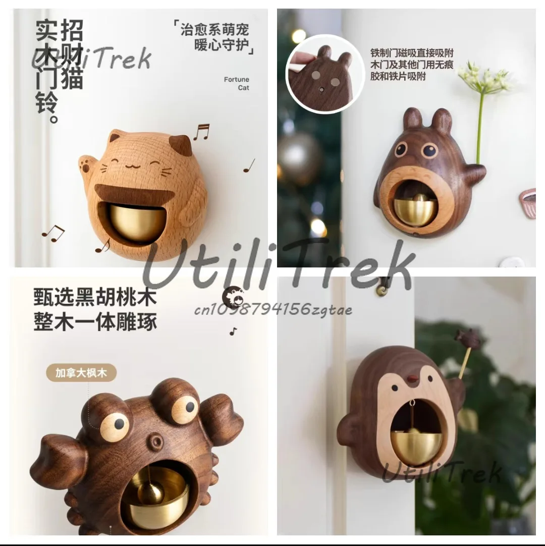 Campanilla de puerta de madera con diseño de gato de la suerte de dibujos animados, con succión magnética, timbre de puerta, campanilla de viento y adhesivo para refrigerador