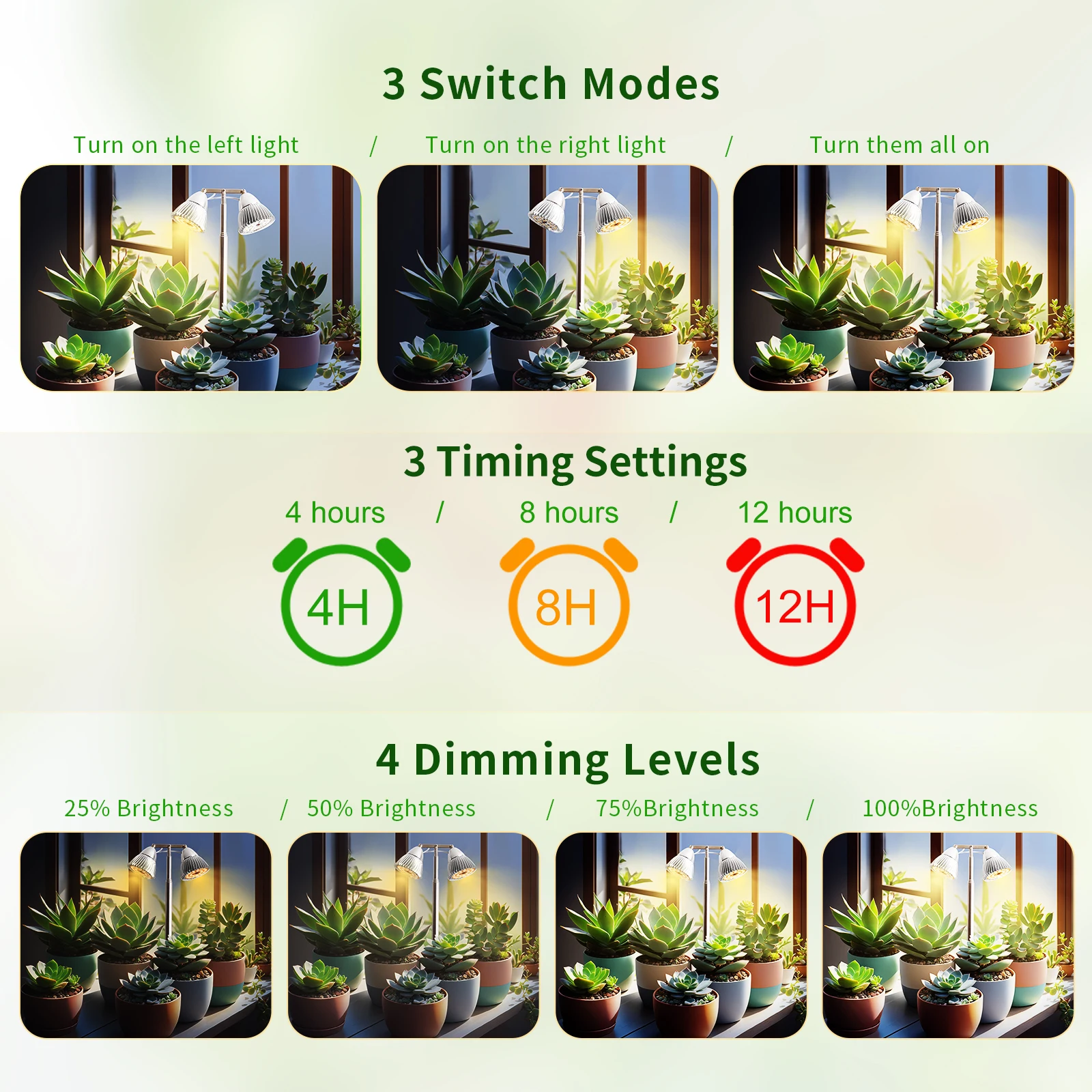 2025 New 2-head Dimming Pot Led Grow Light 3 Swith Modes Phytolamp 4H 8H 12H Timing Plant Lamp with a Straight Pole