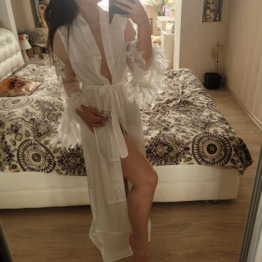 Bridal Long Kimono Robe Gown Mesh&Feather Patchwork Bathrobe Summer Perspective Nightgown Lingerie V-Neck Wedding Sleepdress