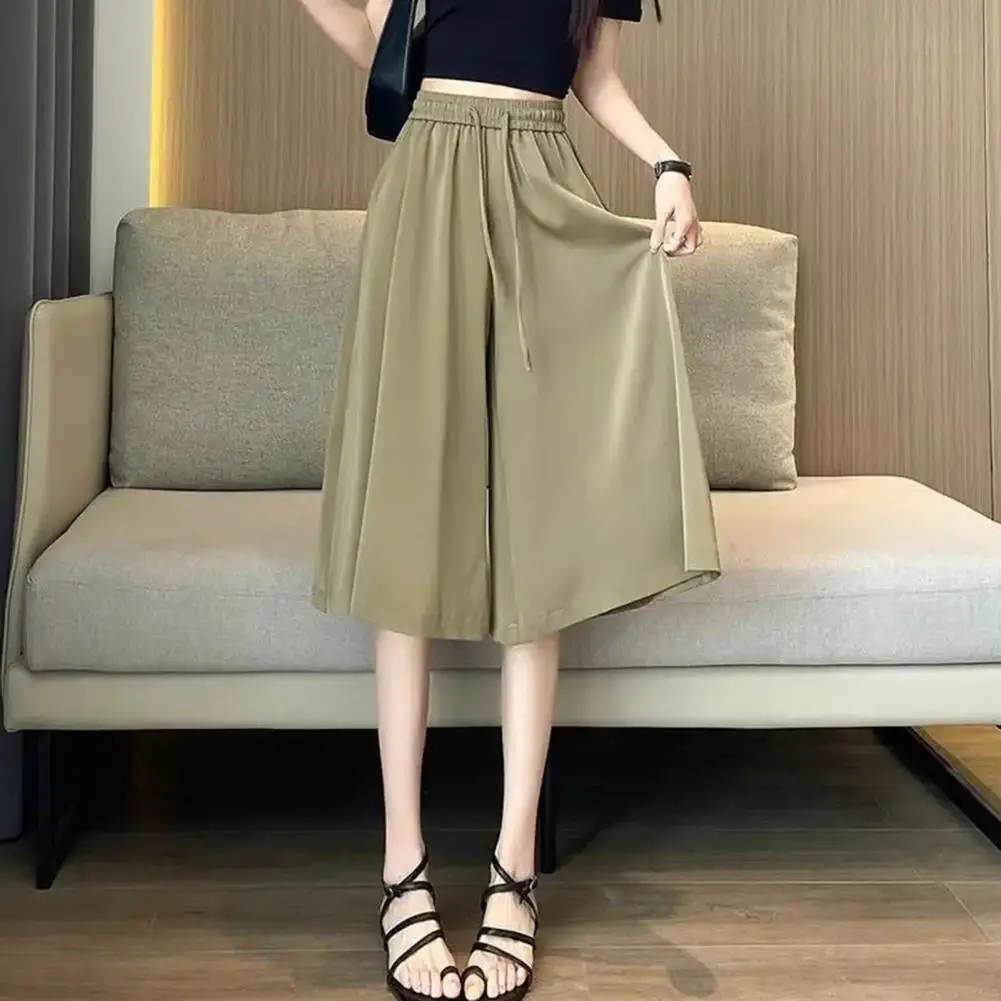 Ice Silk Fabric Pants Casual Loose Fit Culottes Women's Elastic Waist Ice Silk Skirt Pants Breathable Fabric Adjustable