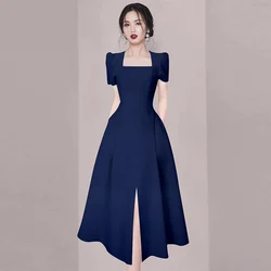 Temperament Luxury Split Office Long Dress 2023 New Summer Women Square Collar Puff Sleeve Ladies Solid Slim Waist Party Vestido