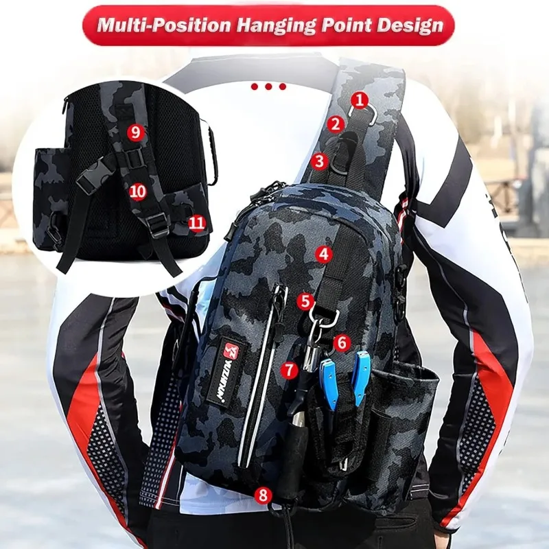 New Multi-Functional Lure Storage Bag, Built-in Fishing Rod Holder Crossbody Shoulder Pack, Reflective Safety Wearable Design