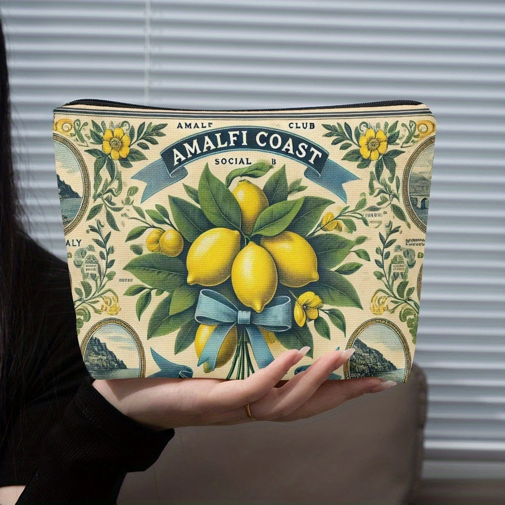 1pc Amalfi Coast Italy Social Club Women's Makeup Bag - Vintage Floral Lemon Design