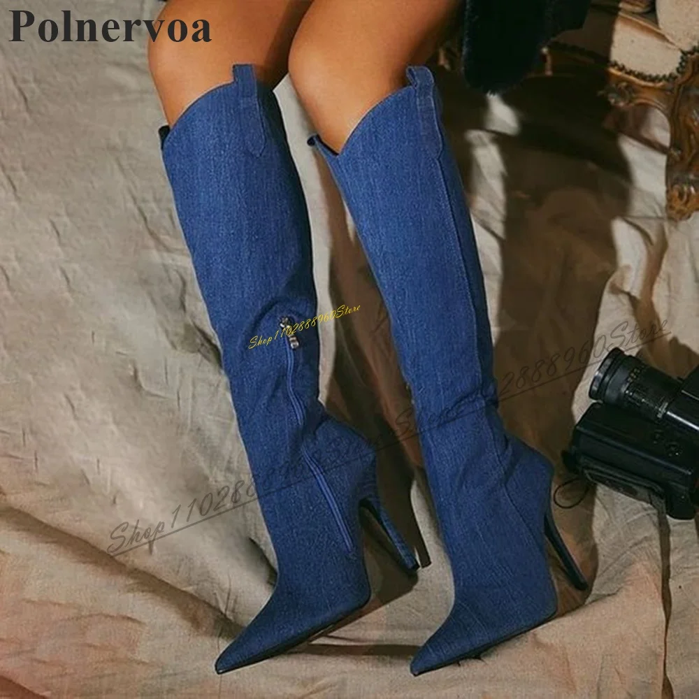 Trendy Knee High Simple Blue Denim Boots Thin High Heel Shoes For Women Side Zipper Pointed Toe 2024 Fashion Zapatos Para Mujere