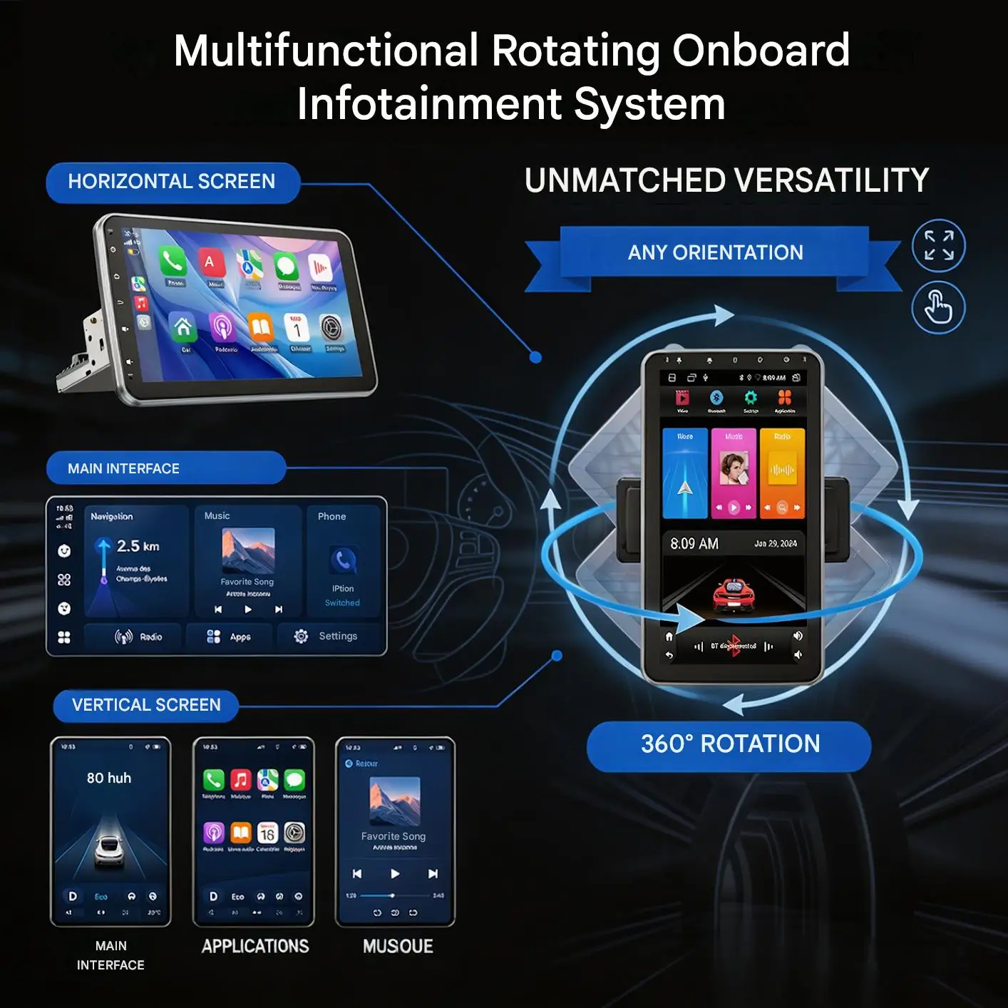 ESSGOO 10,1" Android 15 4+64G Radio universal 1 DIN con pantalla giratoria 360° y micrófono, CarPlay y Android Auto inalámbricos, GPS, RDS FM, WiFi, Bluetooth, Mirror Link, control de volante, pantalla táctil, reproduc 5