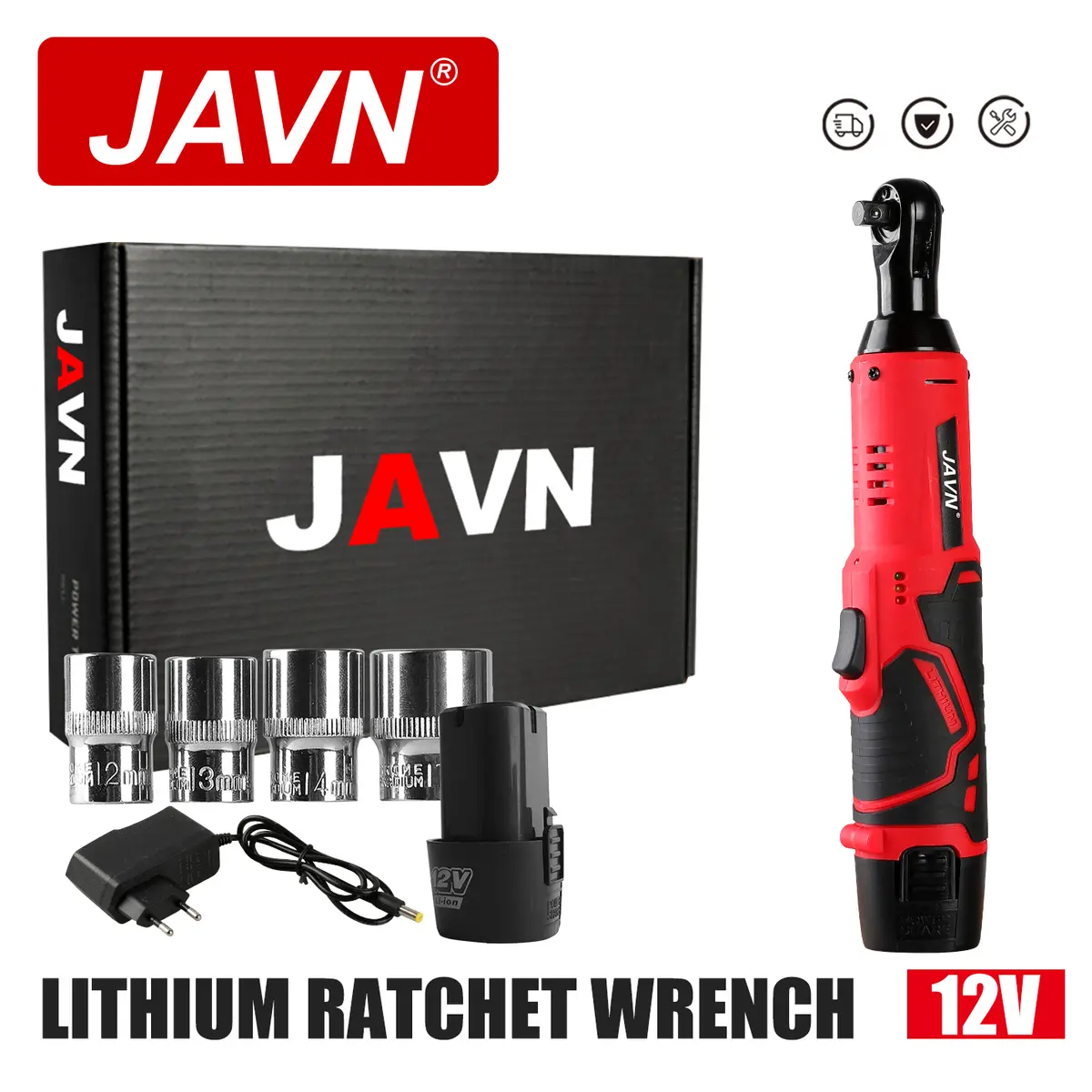 JAVN 12V 무선 전기 렌치, 45NM 3/8'' 래칫 렌치, 제거 나사 너트, 자동차 수리 도구, 직각 렌치, Powe