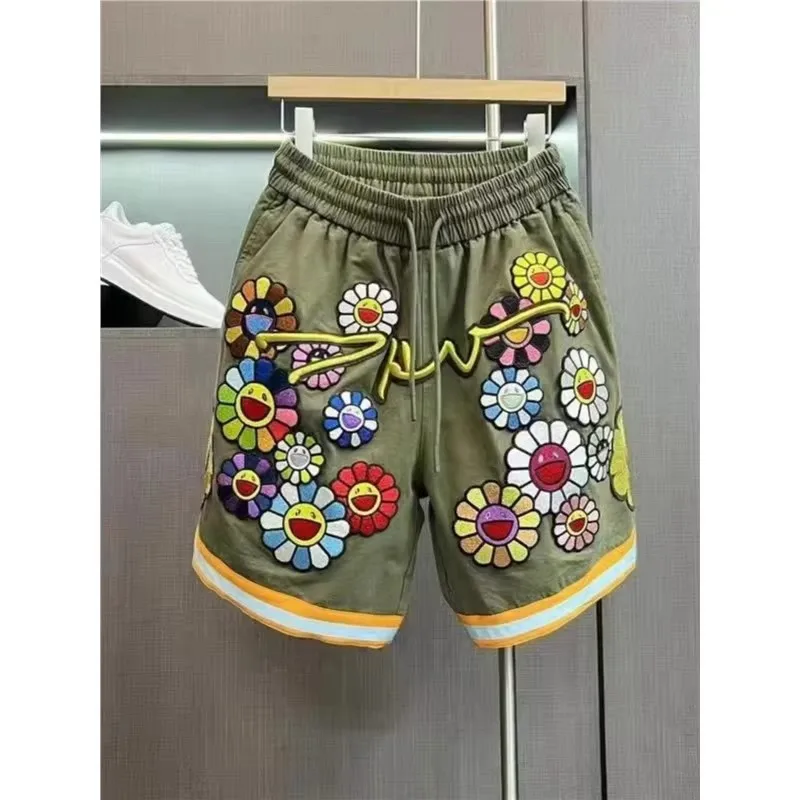 

Summer Large Size 300 Pounds Sunflower Embroidery Shorts Men's Loose Casual Workwear Sports Five-Quarter Pants