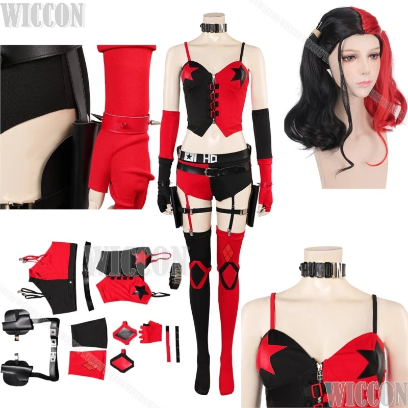

Harley Anime Cosplay Quinnn Black Red Suit Camisole Top Gloves Socks Wig Prop Sexy Dress Woman Halloween Carnival Party Outfit