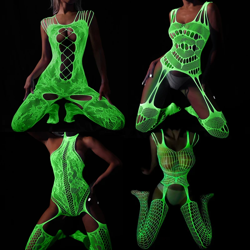 

Luminous Teddy Catsuit Glow In The Dark Erotic Lingerie Full Body Stockings Open Crotch Sexy Underwear Fishnet Women Nightwear