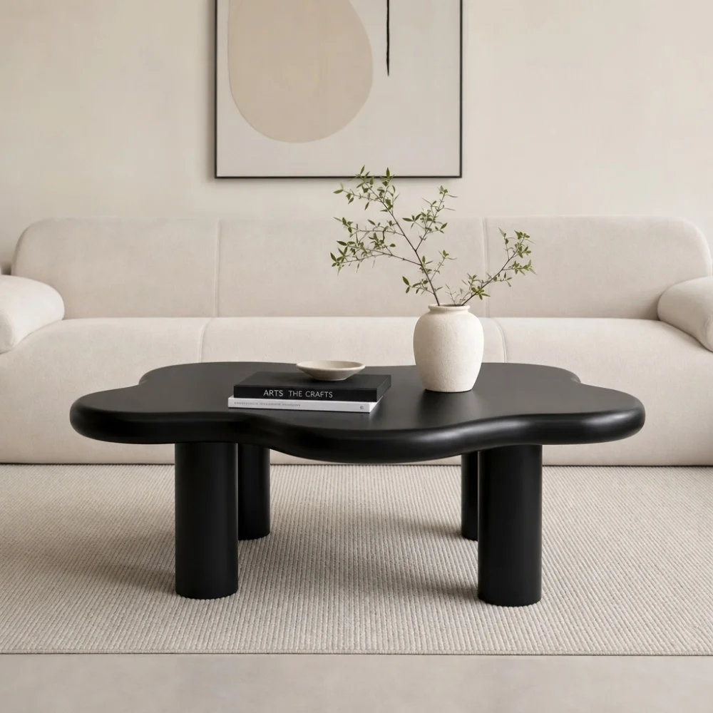 40'' Wood Cloud Coffee Table with 4 Round Legs Low Cute Small Tea Table Unique Irregular Center Table for Living Room,Apartment