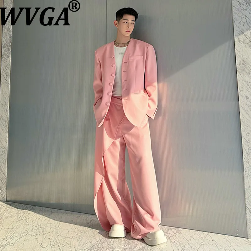 

WVGA Niche Designer Minimalist Collarless Multi-Button Wrap-Style Wide-Leg Pants Suit W16995