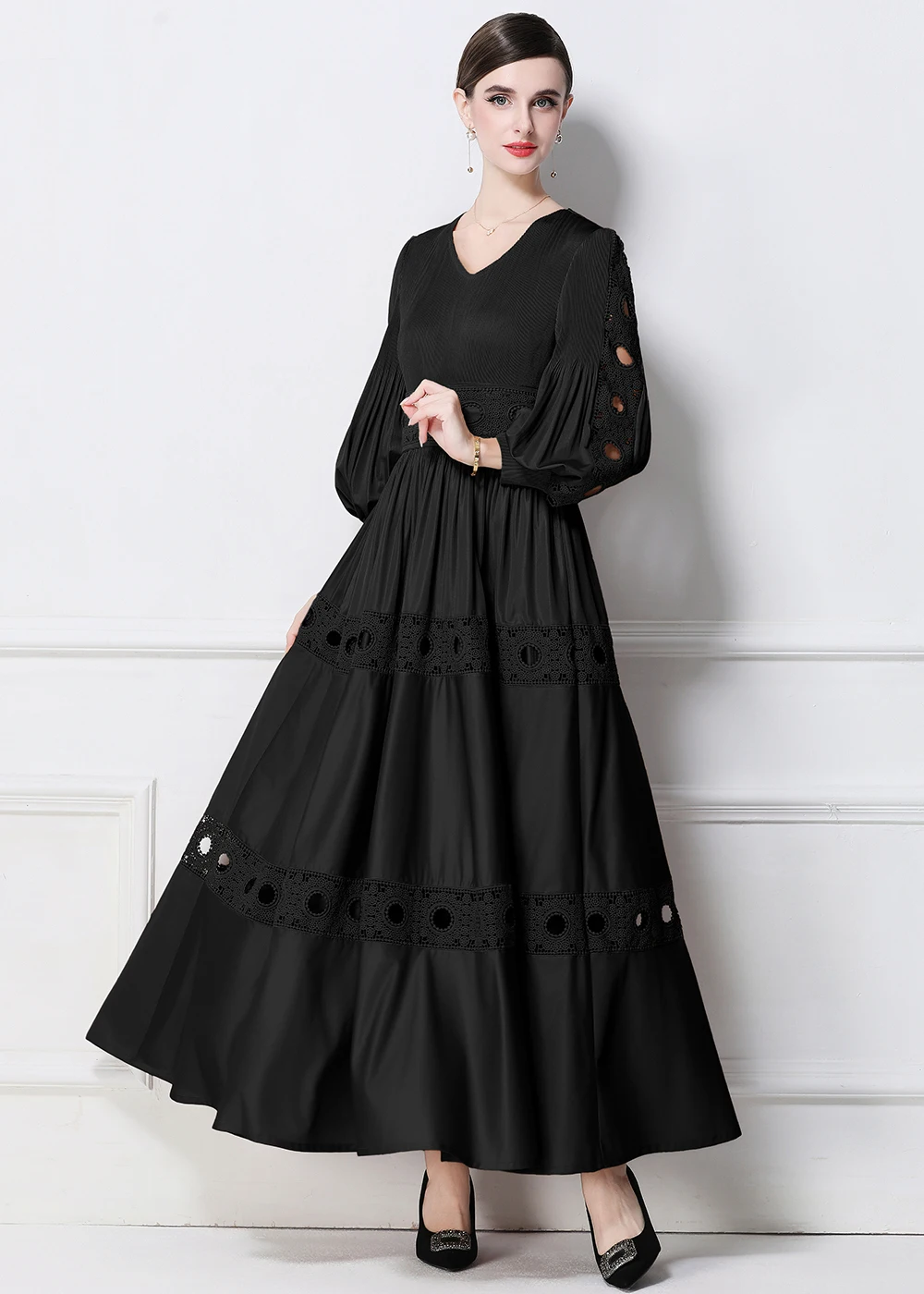 Abito lungo lungo autunnale stile Miyake - Abito da cocktail stile principessa in pizzo francese elegante a mezza manica in vita snellente