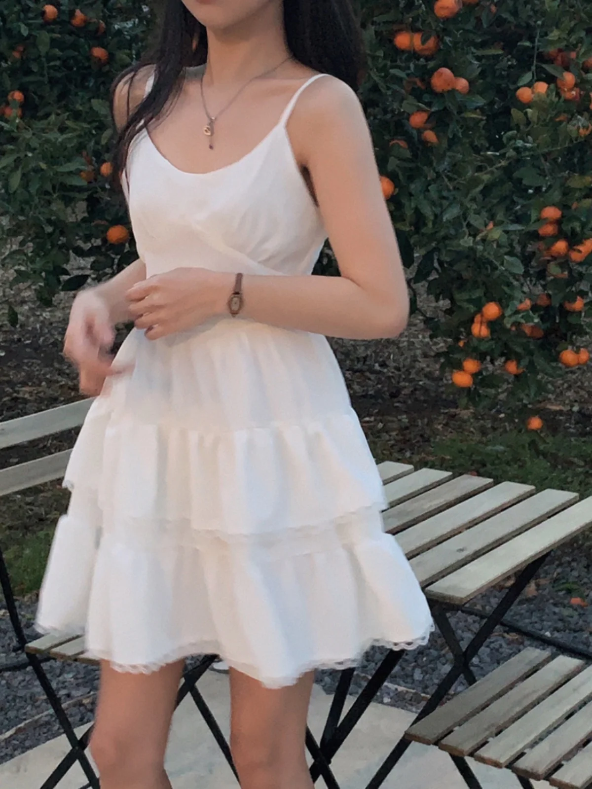 Vestido Branco Estilo Coreano com Mangas Sino, Vestido de Verão para Mulheres, Saia Alta com Camadas, Traje Doce de Escolar