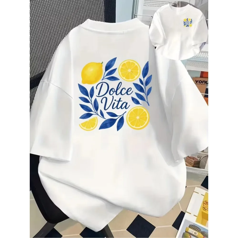 Lemon Vita Print Men Women Tshirt Short Sleeve Crew Neck Casual Top for Summer Spring Women's Clothing, Travel Daily Streetwear