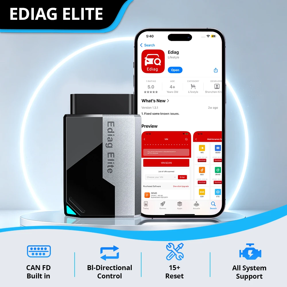 Kingbolen Ediag Elite OBD2 Scanner Bluetooth Lifetime Update,PK ELM327,All System OBD2 Diagnostic Tool with 15 Resets for iOS & Android, CANFD Protocol, Autoauth for FCA SGW Cost-effective Diagnostic Scan Tool