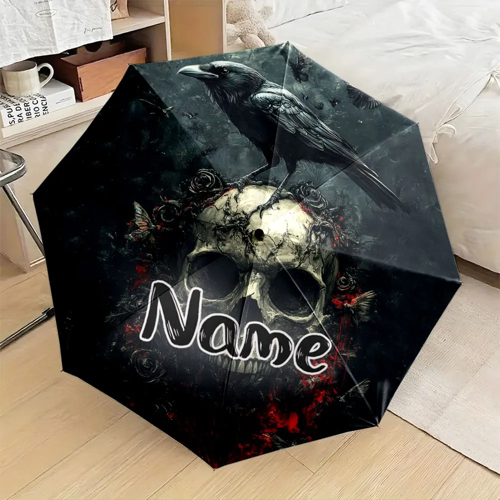 Custom Name Umbrella,Dark Gothic Raven Skull Rose Art Print Folding Umbrella for Sunny and Rainy, Gift