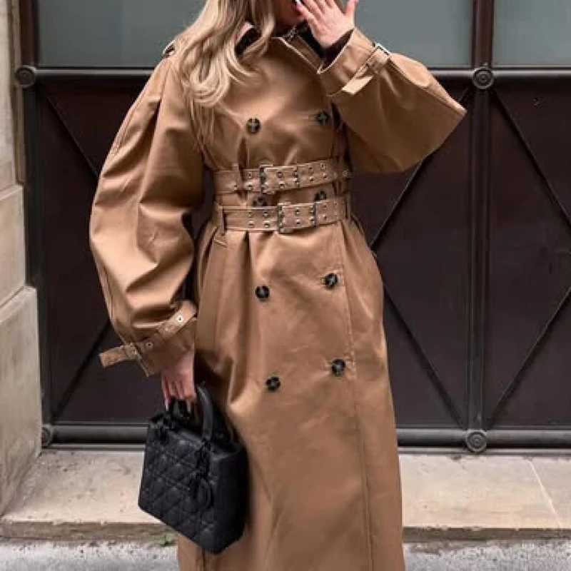 NEW2026 Herfst Nieuwe Collectie Damesmode Kaki Trenchcoat Double-Breasted Lantaarn Mouw Double-Breasted Taille Riem lange Jack