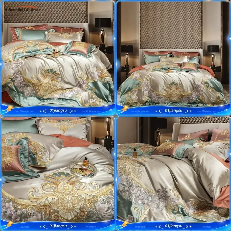 4 6 9 Pcs Vintage Floral Gold Embroidery Bedding Set Egyptian Cotton Brocade Duvet Cover Sheet Pillowcase Luxury Home Textile