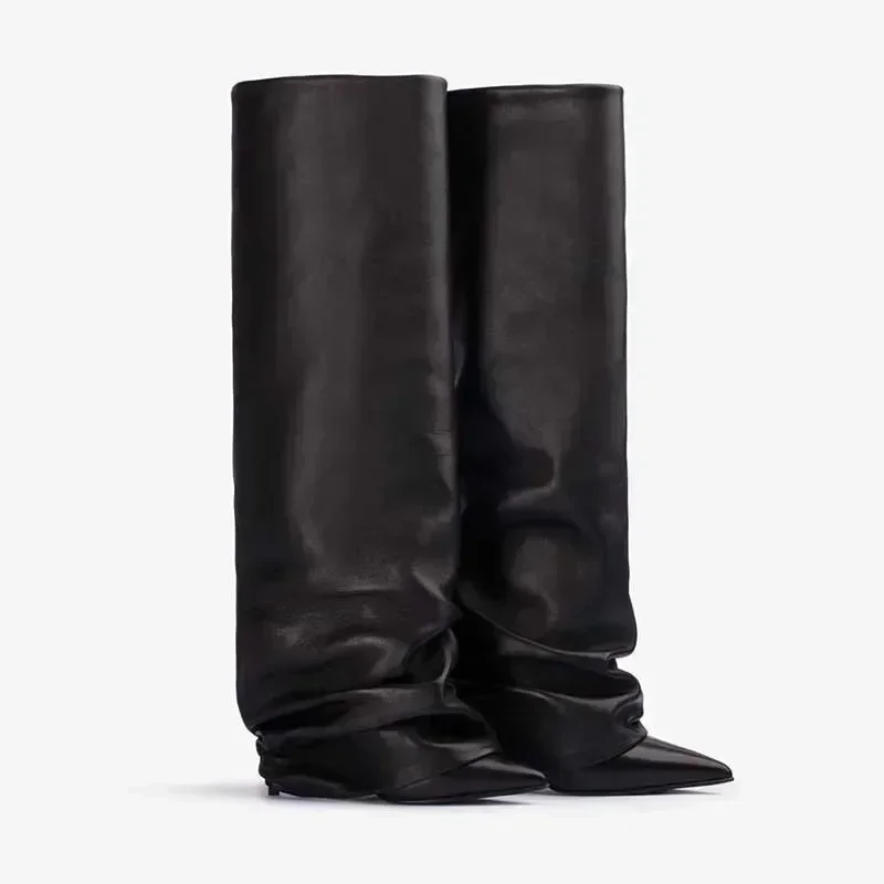 2024 Winter New Fashion Women's Knee Boots Classic Solid Color High Heels Boats for Women Elegant Pointed Toe Big Size Shoes 43