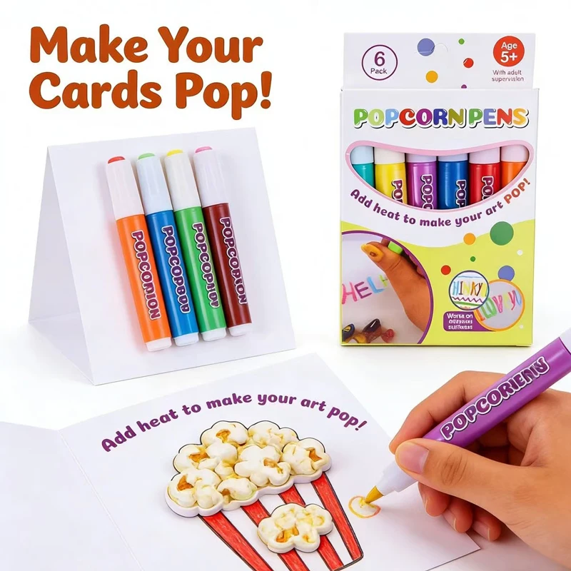6Pcs /set Bubble Pens,3D Popcorn Pens, Stress-relief Watercolor Pens, DIY Greeting Cards, and 3D Magic Doodles, Gel Pens