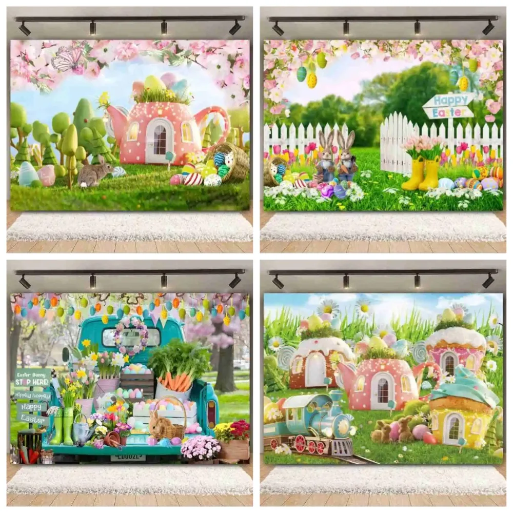 

Spring Easter Garden Flower Photography Background, Rabbit Easter Egg Baby Portrait Decoration Photography Studio Backdrop Props