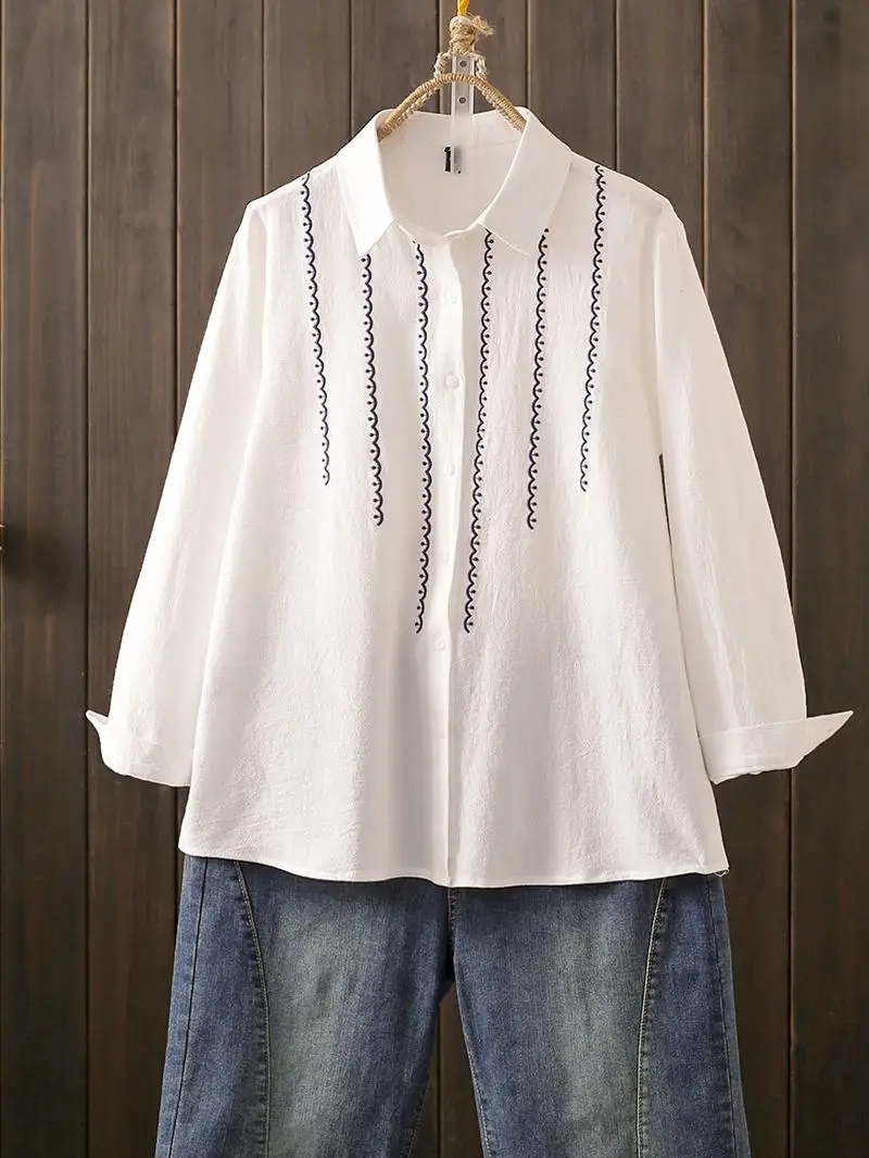 Spring Autumn plus Size Long Sleeve Women's Shirt Loose Belly Covering Pure Cotton Embroidered Striped Shirt Korean Style Com...