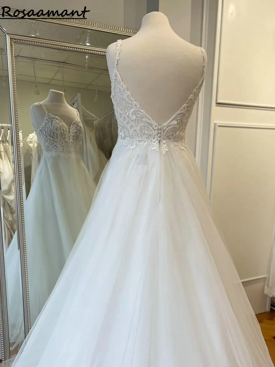 Real Image Illusion V-Neck Lace Appliques Wedding Dresses A-Line Spaghetti Straps Backless Bridal Gowns