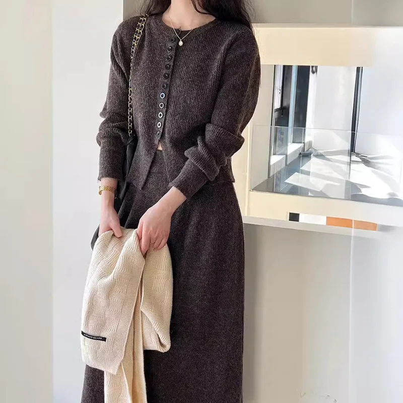 Autumn and Winter New French Solid Color Fashion Knitted Sweater+High Waist Long Dress Two Piece Set