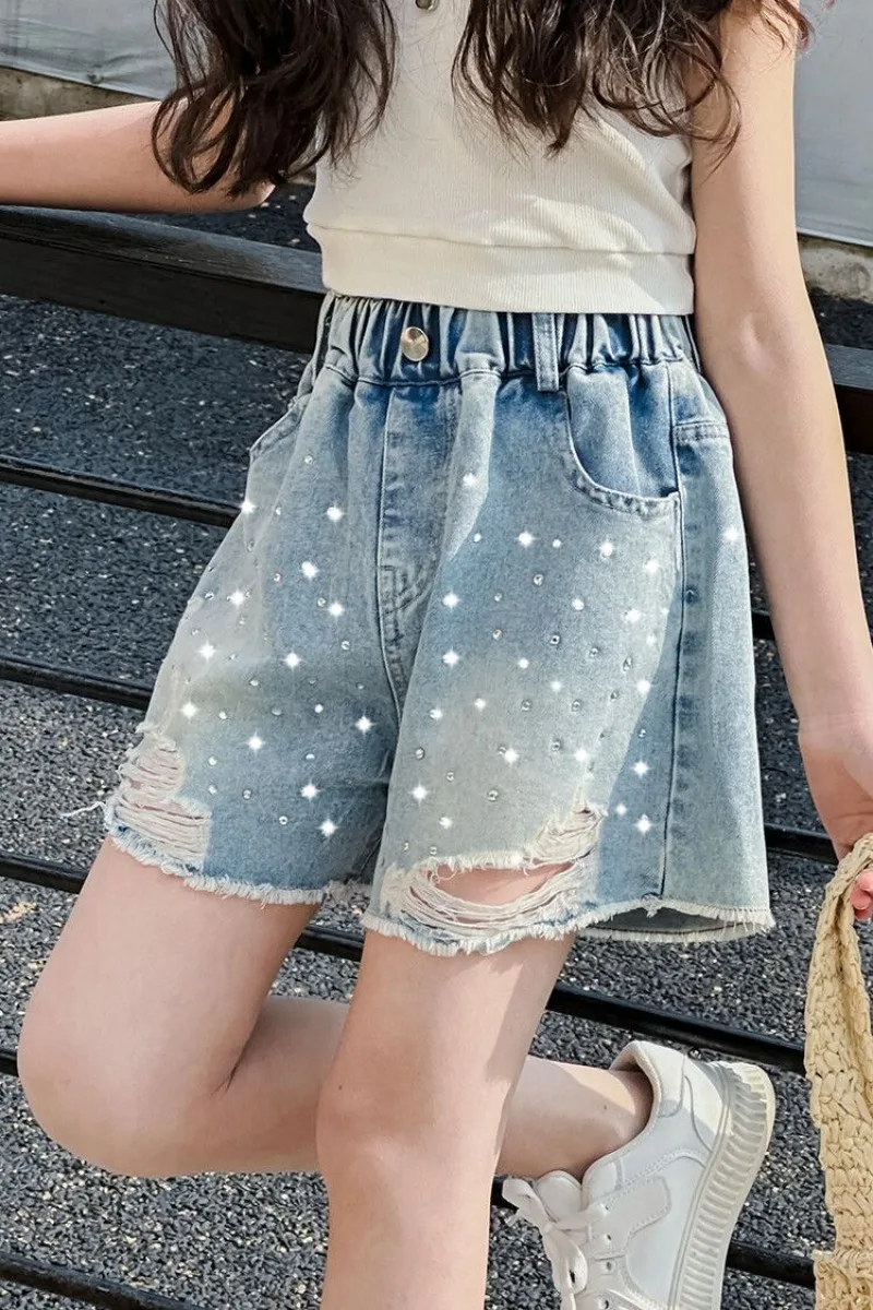 Girl's Summer Denim Shorts with Rhinestones Trendy Loose Fitting Stylish Kids Hot Shorts with Frayed Hem Kids Denim Shorts