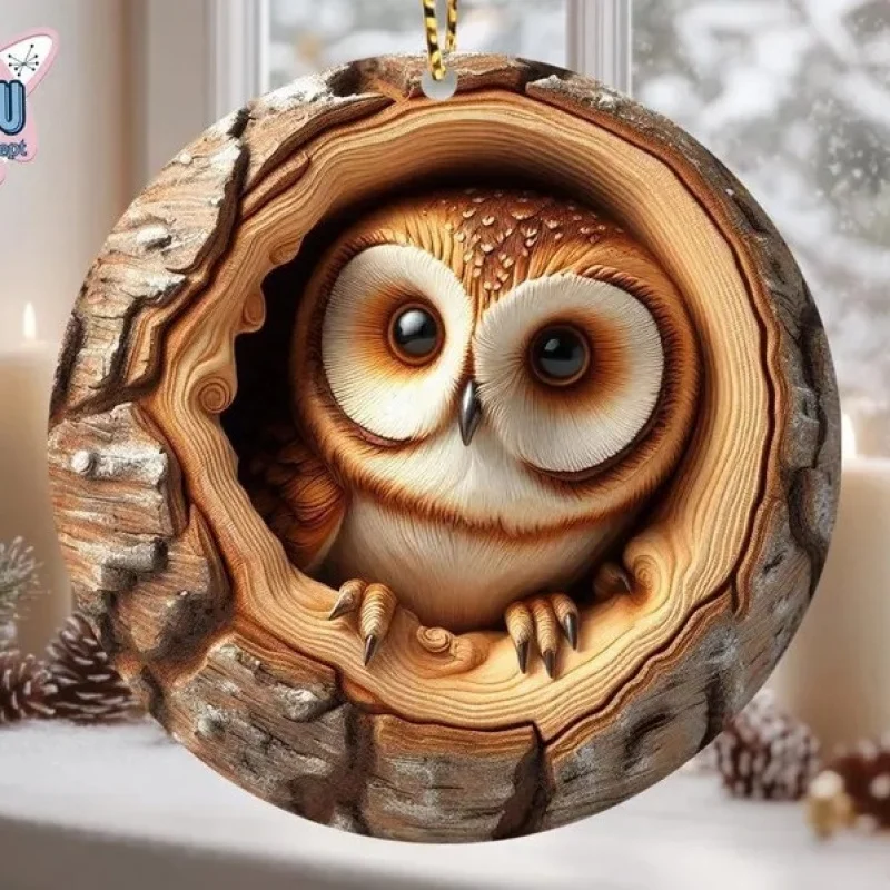 Owl Ornament Christmas Tree 2D Flat Print Acrylic Little Raccoon Hedgehog Pendant
