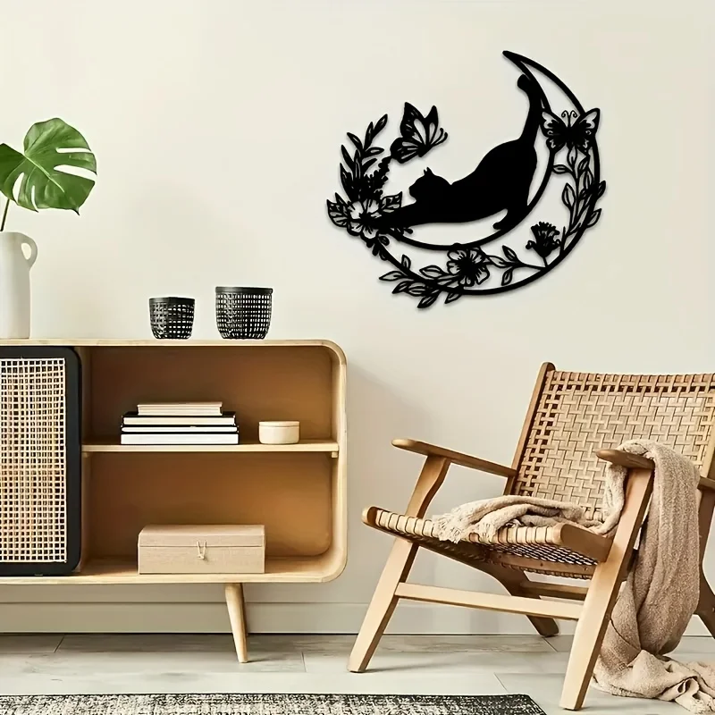 New Moon Black Cat Metal Wall Decor - Elegant and Minimalist Gothic Style Home Decor, Durable Iron Construction, 30.0cm Hanging Paintings Suitable for Living Room, Bedroom, Office - Perfect Halloween Gift for Cat Lovers, Quirky Design, Fine Craftsmanship, 2D Flat Surface