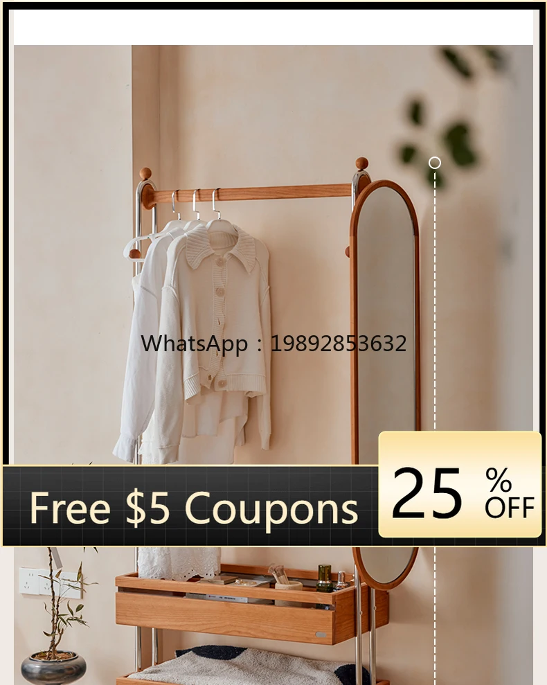 

YFY Cherry Wood Floor-standing Coat Mirror Rack Bedroom Home Movable Storage Clothes Rack Organizer