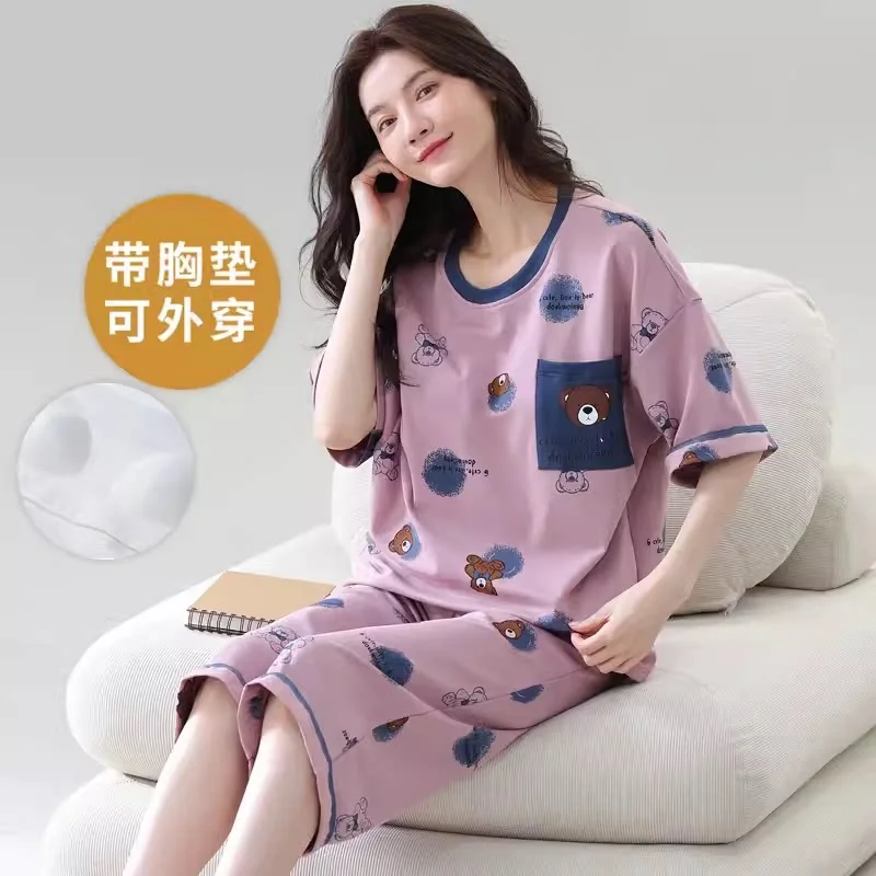 

100 кг, большой размер M-5XL, хлопковый женский пижамный комплект с подушечкой для бюстгальтера, летний топ для сна с короткими рукавами, брюки, домашняя одежда для молодых девушек