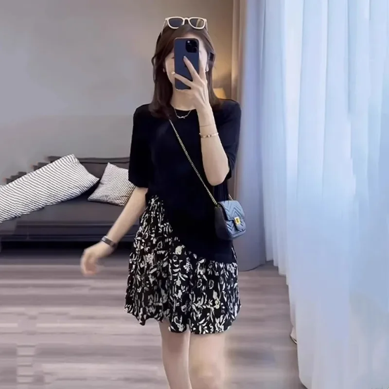 Verão feminino nova moda magro ajuste camiseta + saia impressa high-end conjunto de duas peças
