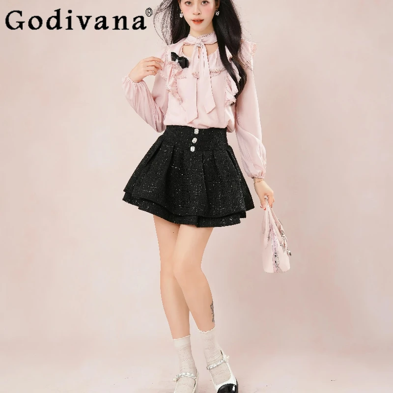 واضح الحلو الوردي لوليتا ملابس النساء تكدرت بلوزة شيفون أعلى الأسود تنورة عالية الخصر مجموعة الإناث الدعاوى النمط الياباني #2