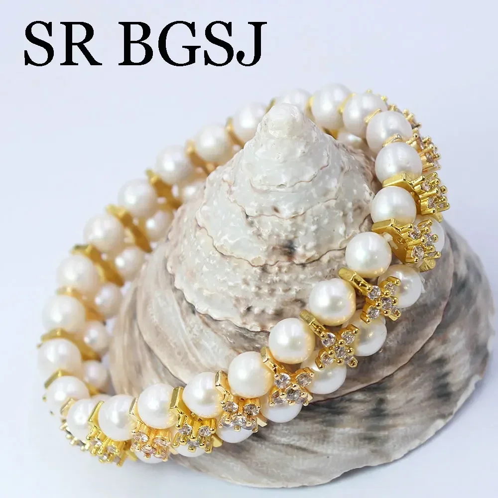 2-Strand 7-8mm Genuine Natural Round Edison Freshwater Pearl Beads Adjustable Jewelry Elastic Bracelet 7-8inch