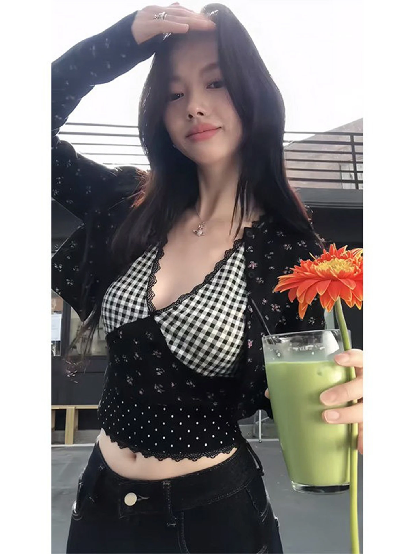 

Sweet And Spicy Girl Sexy Splice Strap Vest Women's Spring Summer Floral Open Cardigan Top Korean Style Two-Piece Set