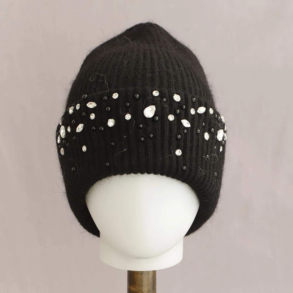 Angora Hat Rhinestone Women Winter Knit Beanie Warm Accessory For Autumn Cold Weather Skiing Outdoor Sports Holiday