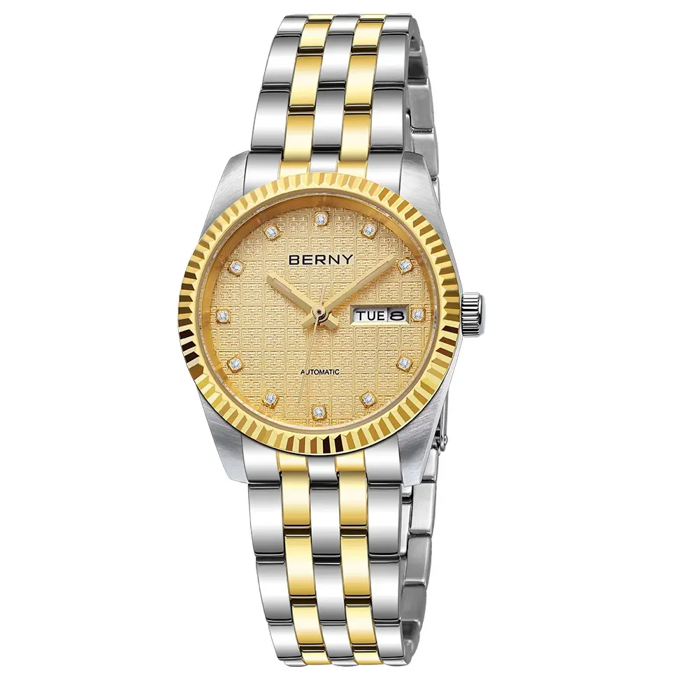 BERNY Mechanische Uhr für Damen, automatische Damenuhr, kleine Uhren, chinesischer Stil, Glück, Hochzeit, Saphir, komplett aus Edelstahl