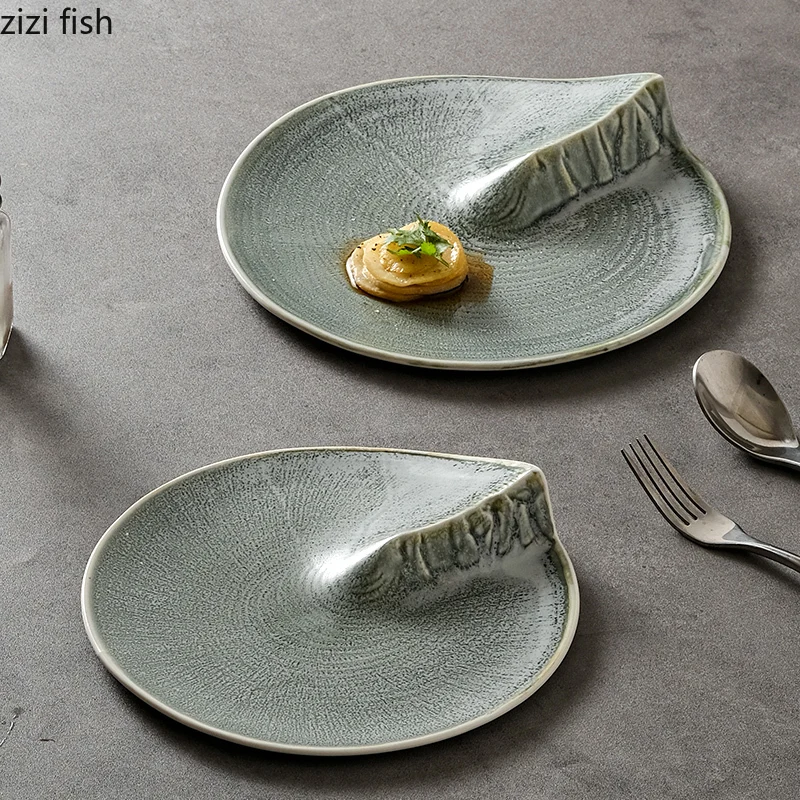 Kiln Changes Ceramic Plate Vintage Irregular Steak Plate Dessert Plate Snack Sushi Plates Pasta Plates Restaurant Tableware