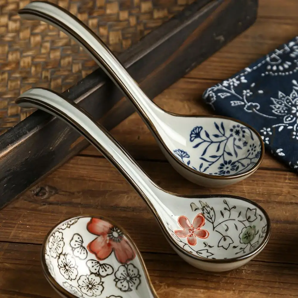 Chinese Retro Ceramic Flower Spoon Classical Unique Cutlery Stirring Scoop Simple Trendy Durable Eating Dinnerware