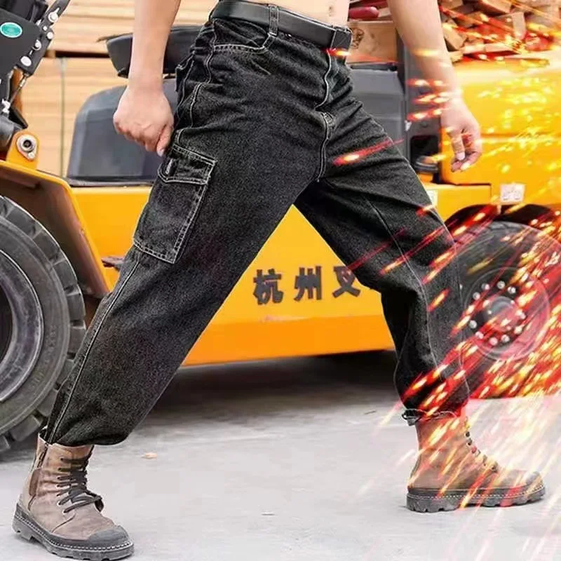 2023 Autumn/Winter Thickened denim men's work pants Loose straight tube work casual pants